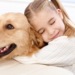 Cute little girl hugging golden retriever with love eyes closed, smiling.
